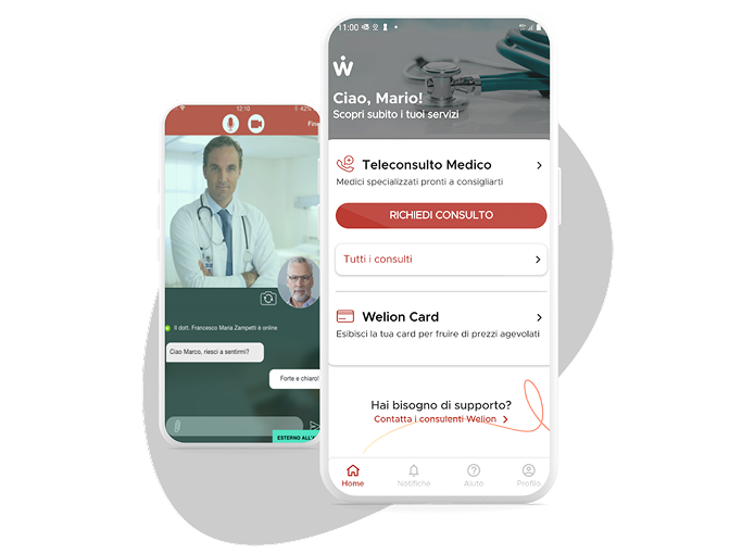 Schermate dell’app Welion per accedere a servizi sanitari digitali e teleconsulto medico